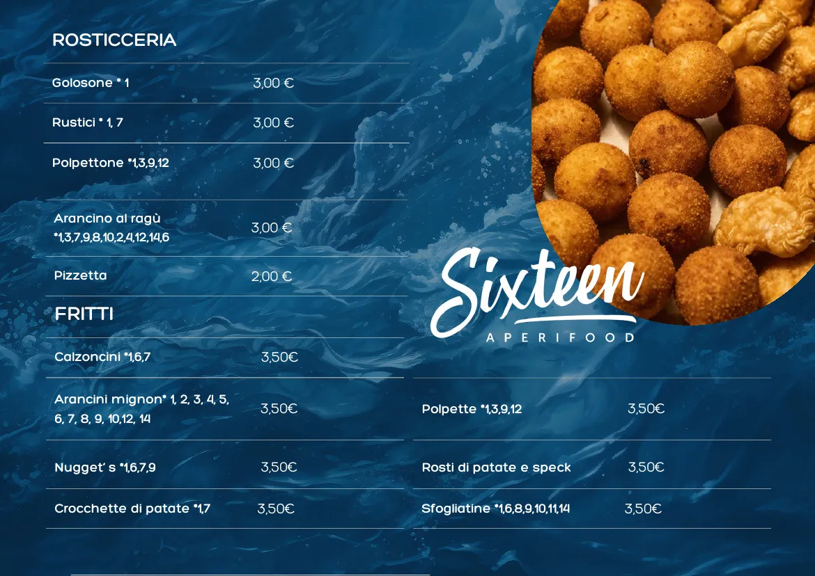 Pagina del menu con i reparti Rosticceria e Fritti e i loro prezzi; il testo per esteso è qui sotto.
