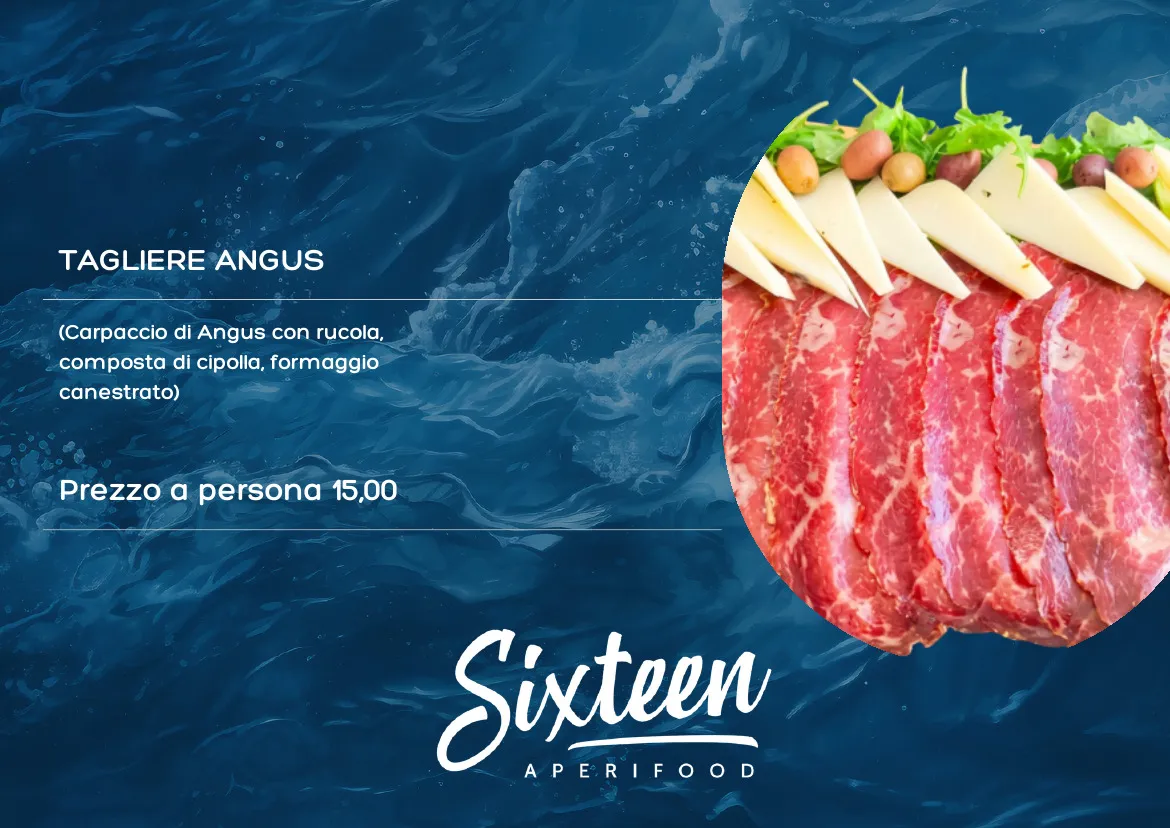 Pagina del menu col tagliere Angus e il prezzo a persona; il testo per esteso è qui sotto.